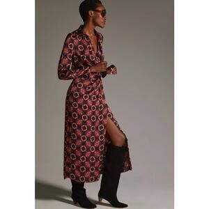 New Anthropologie x MISA Long-Sleeve Geo Wrap Dress $435 MEDIUM Midi Black